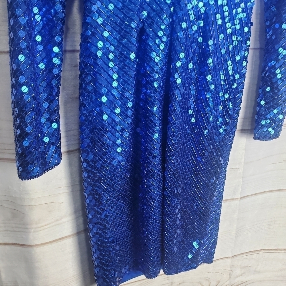 Vintage 80s Nadine Vibrant Blue Floral Sequins Long Sleeve Dress Size Medium - Picture 10 of 16